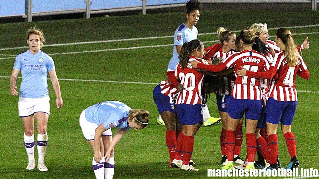 Aoife Mannion (far left) after Atletico Madrid score the equaliser against Man City Women at the City Football Academy on Wednesday October 2019