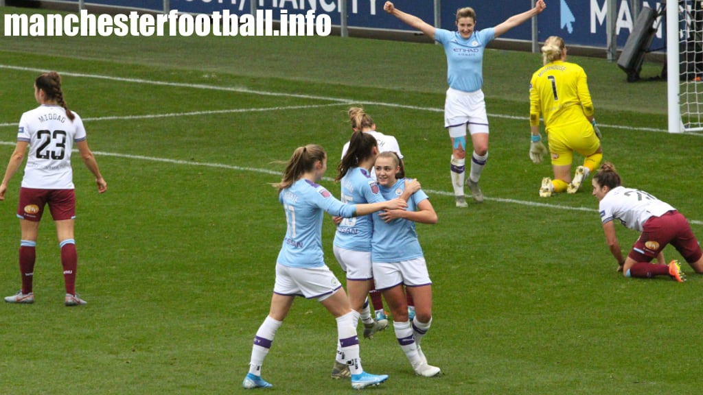 Georgia Stanway scores on her 100th Manchester City appearance and celebrates with Janine Beckie and Tessa Wullaert while Ellen White looks on (Man City vs West Ham Ham, Sunday November 17, 2019)