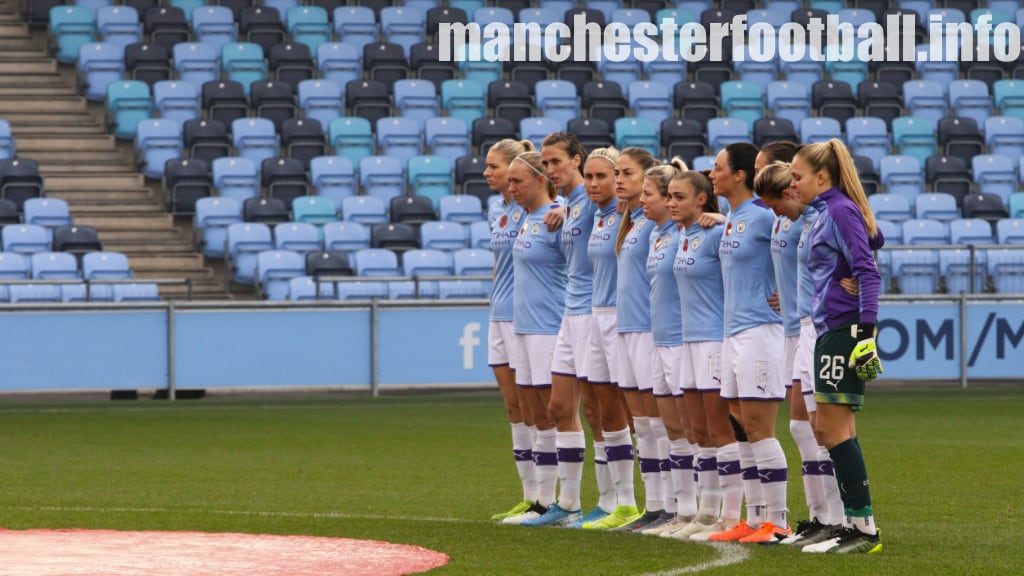 Manchester City players observe a minute of silence for Remembrance Sunday (Continental Cup game against Birmingham City Women played on Sunday, November 3, 2019)