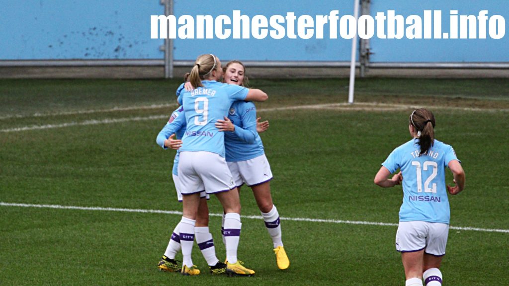 Laura Coombs celebrates her goal against Ipswich Town with Pauline Bremer and Jess Park