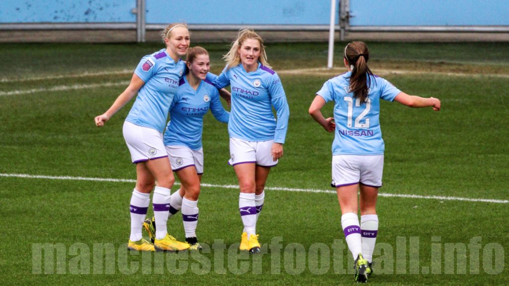 Pauline Bremer, Jess Park, Laura Coombs, and Tyler Toland celebrate Laura Coombs opening goal in 10-0 win over Ipswich Town Women in the Women's FA Cup