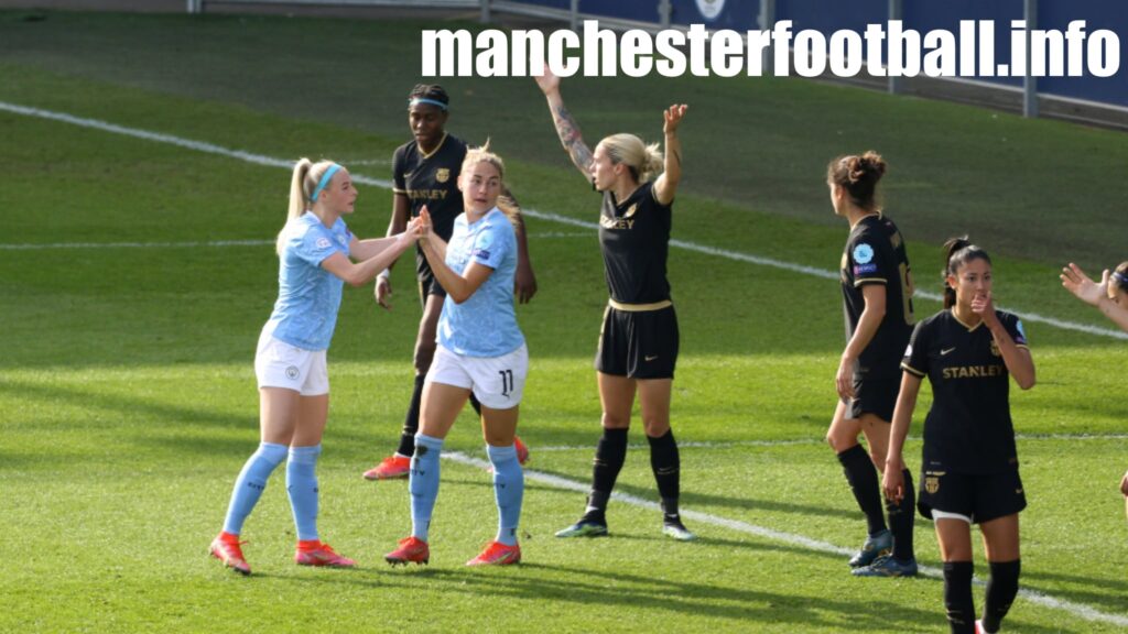 Chloe Kelly congratulates Janine Beckie on her goal - Manchester City Women vs Barcelona Femeni - Women's Champions League Wednesday March 31 2021