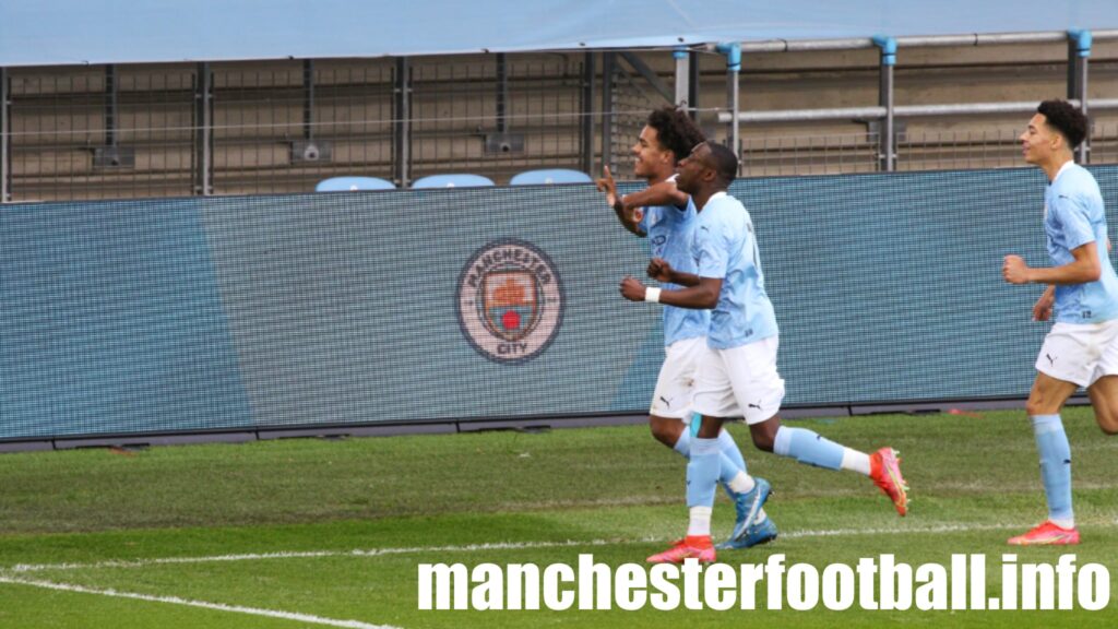 Oscar Bobb, Carlos Borges, and Sam Edozie celebrate Bobb's goal against Fulham - Man City vs Fulham U18 National Final - Saturday May 22 2021