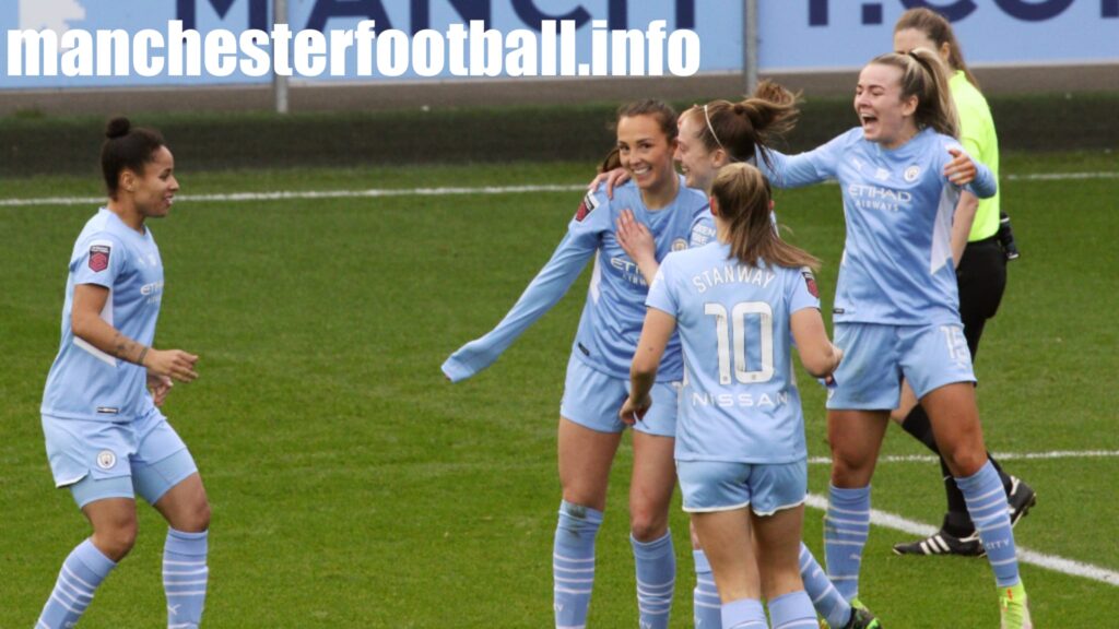 Caroline Weir celebrates her goal with Demi Stokes, Keira Walsh, Georgia Stanway, and Lauren Hemp - November 20 2021