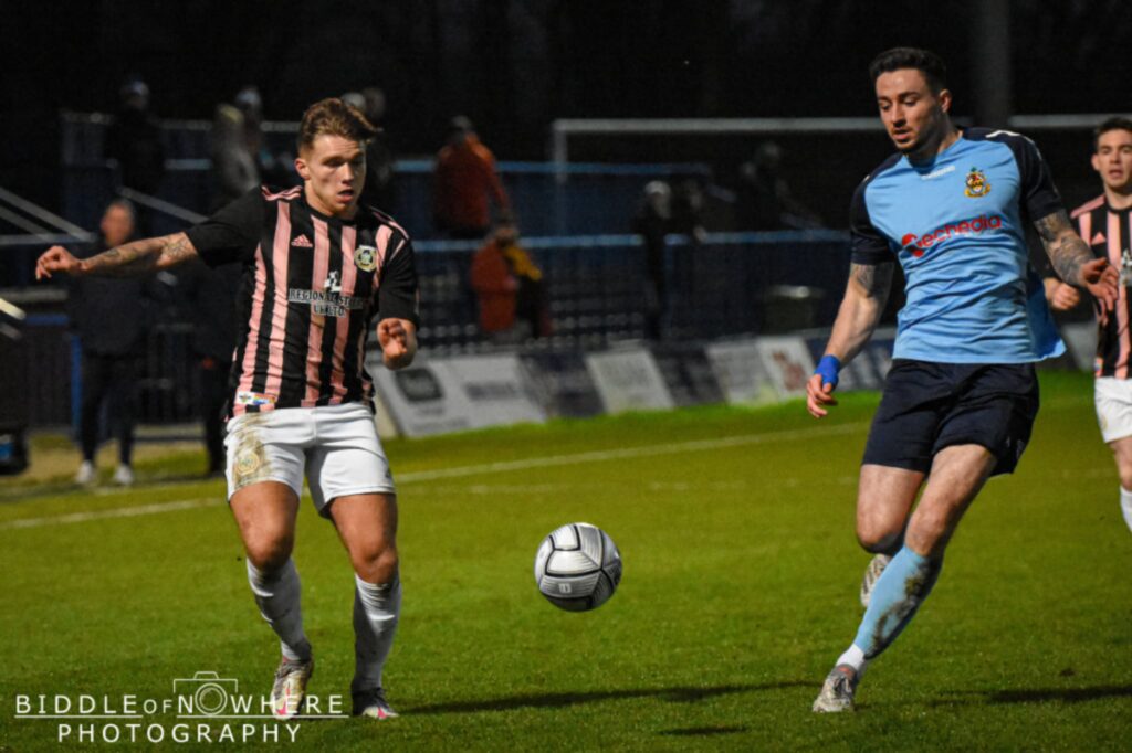 Jamie Cooke, left, in action for Curzon Ashton on his debut following a loan move from FC Halifax Town - Copyright Biddle of Nowhere Photography