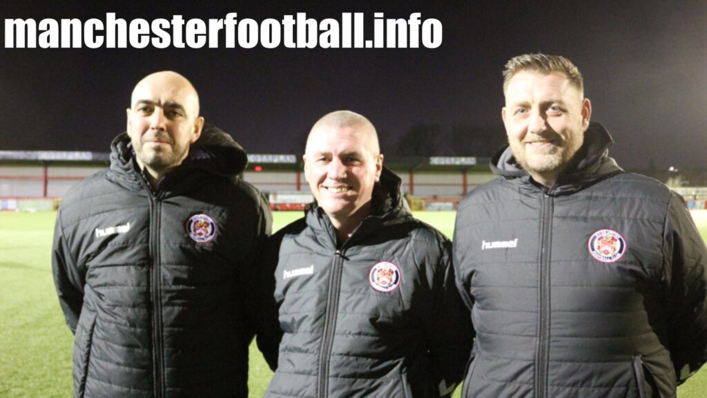 Hyde United's new management team - L-R first-team coach Gavin McCann, manager Nick Spooner, assistant manager Martyn Coyne