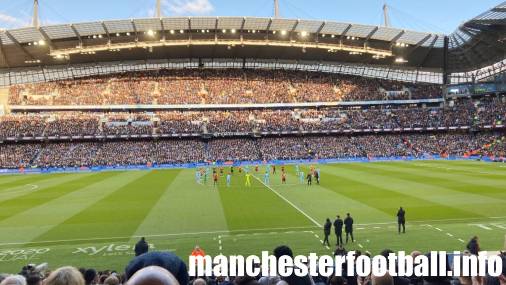Players together against war in Ukraine prior to Manchester derby at the Etihad Stadium on Sunday March 6 2022