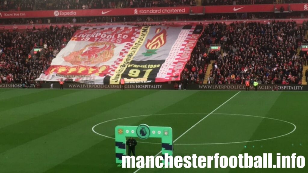 Banner at Anfield - 19 titles and in memory of the 97 victims of the Hillsborough Tragedy - Liverpool vs Man Utd - Tuesday April 19 2022
