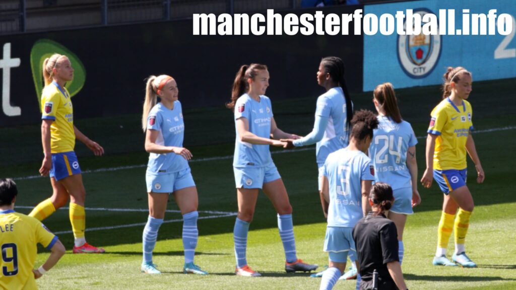 Chloe Kelly and Khadija Shaw celebrate Caroline Weir's goal - Man City Women vs Brighton Women - Saturday April 30 2022