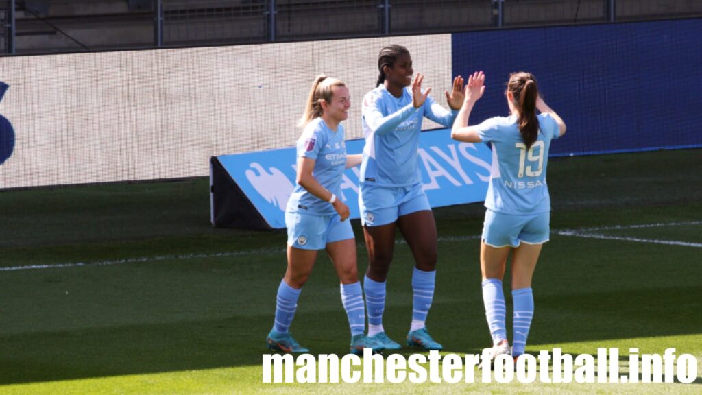 Khadija Shaw celebrates her goal against Brighton with Lauren Hemp and Caroline Weir - Man City Women vs Brighton Women - Saturday April 30 2022