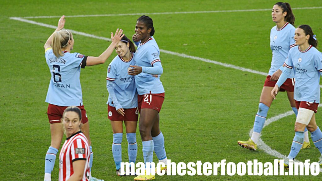 Khadija Shaw celebrates her goal against Sunderland with Yui Hasegawa and Steph Houghton - Sunday November 27 2022