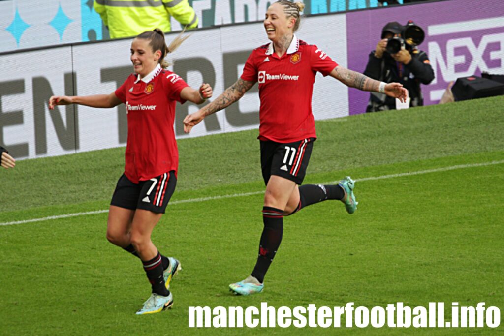 Ella Toone and Leah Galton celebrate Manchester United Women's first ever goal at Manchester City in the Women's Super League