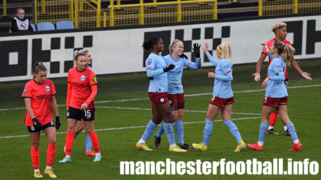 Julie Blakstad celebrates her goal with Khadija Shaw and Chloe Kelly - Man City Women vs Brighton Women - Sunday December 4 2022