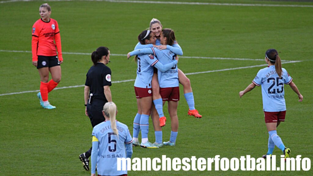 Laura Coombs celebrates her goal with Deyna Castellanos and Kerstin Casparij - Man City Women vs Brighton Women - Sunday December 4 2022