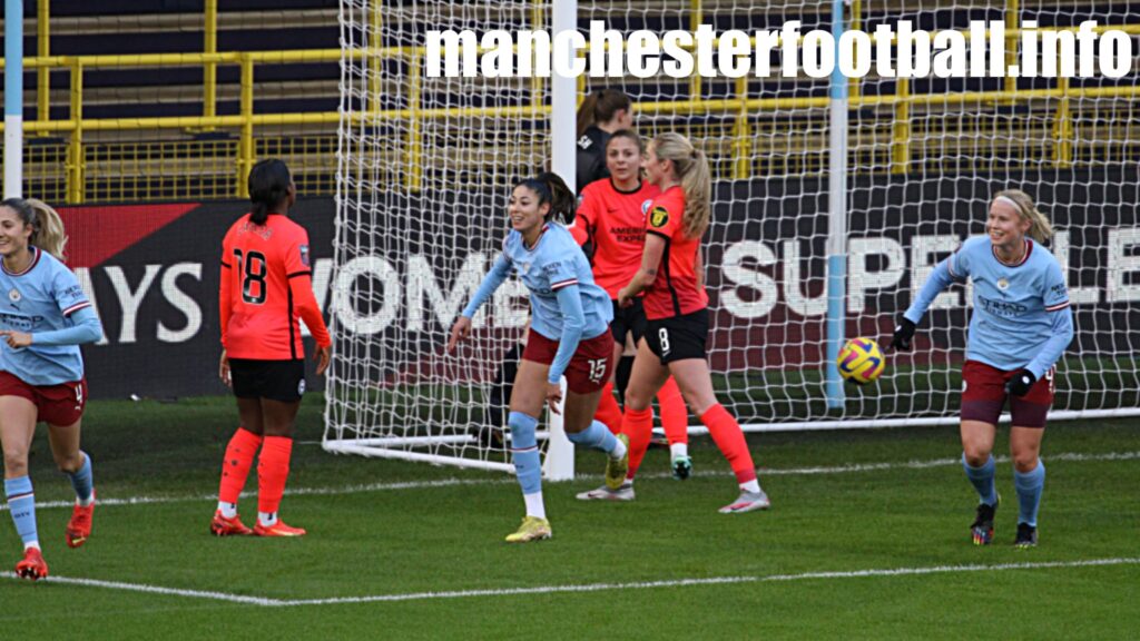 Leila Ouahabi celebrates after Chloe Kelly corner is turned into the Brighton goal by Veatriki Sarri - Man City Women vs Brighton Women - Sunday December 4 2022