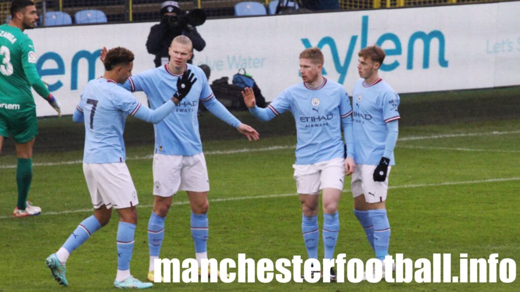 Morgan Rogers, Erling Haaland, Kevin De Bruyne, and Cole Palmer - celebrating Erling Haaland's goal against Girona at the CFA - Saturday December 17 2022