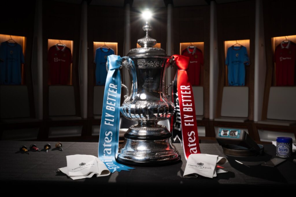 Emirates FA Cup with Blue and Red ribbons