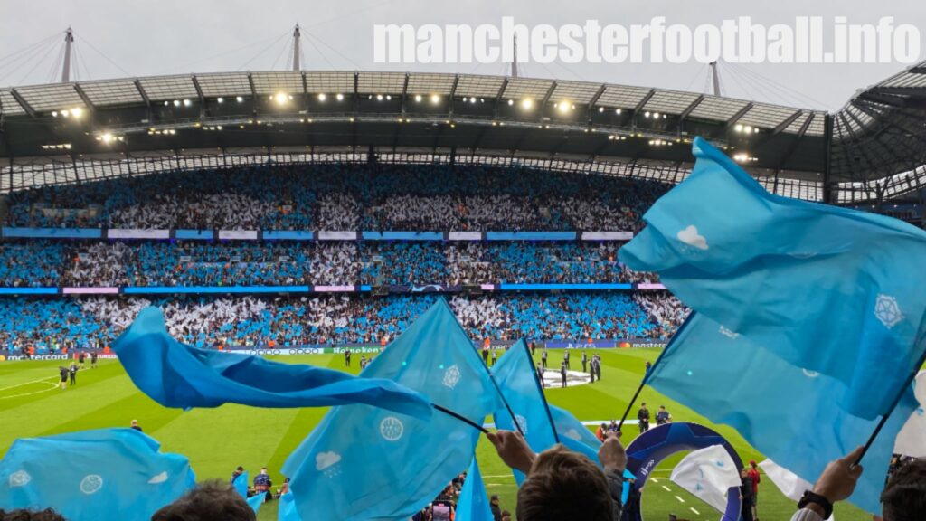 Man City flags waving at the Etihad for Real Madrid Champions League semi final