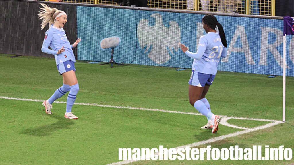 Chloe Kelly celebrates another Khadija Shaw goal with the City striker - Sunday January 21 2023