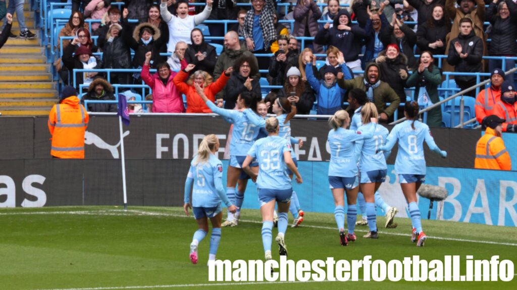 Jess Park celebrates her goal with Leila Ouahabi, Yuo Hasegawa, and her City team mates - Saturday March 23 2024