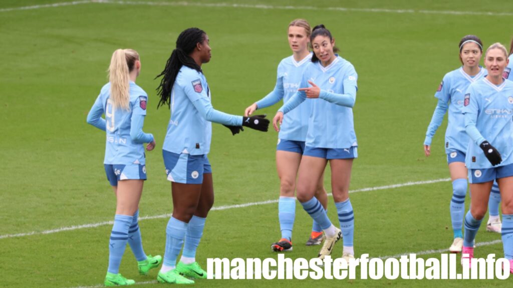 Khadija Shaw is congratulated after scoring by Leila Ouahabi - Man City Women vs Everton - Saturday March 2 2024